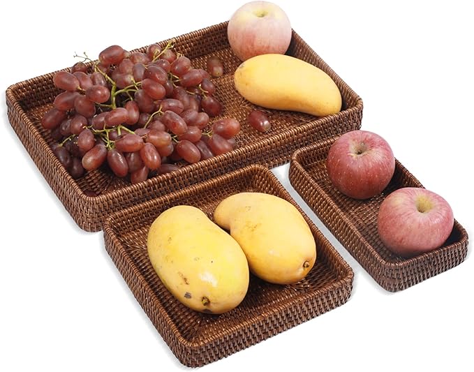 Rattan Serving Tray, Rectangular Woven Tray, Natural Wicker Decorative Serving Baskets for Organizing Tabletop Bathroom Kitchen Counter (Dark Brown)