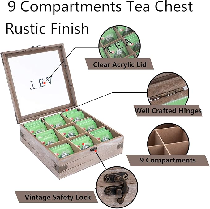 handrong Tea Box Organizer - Rustic Tea Bag Storage,Teas Bag Holder for Coffee Sugar Pods Packets & More – Elegant Tea Storage Solution for Home & Kitchen (Gray)