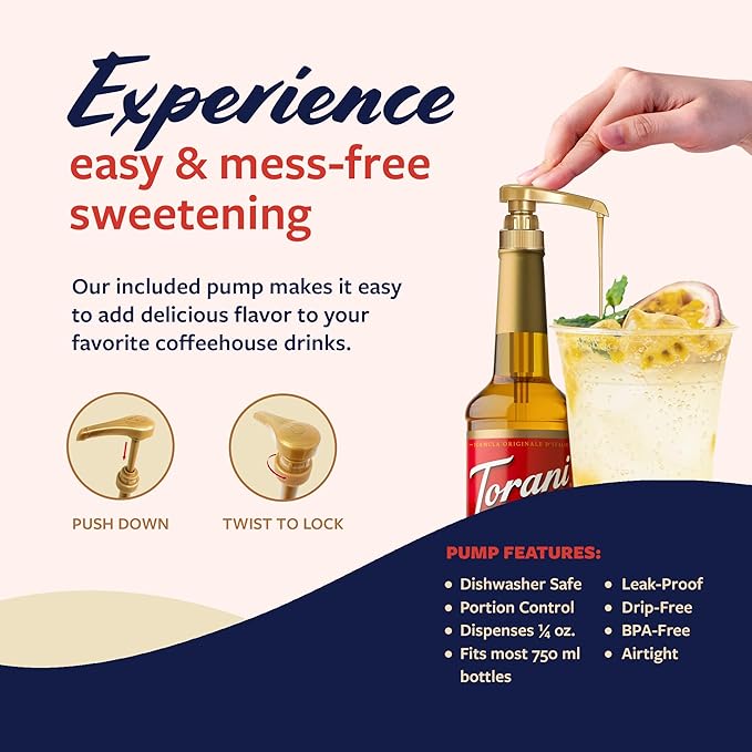 Torani Passion Fruit Syrup for Drinks, Flavoring for Iced Tea, Lemonade, Sodas, and Cocktails, Pump Included, 25.4 Oz
