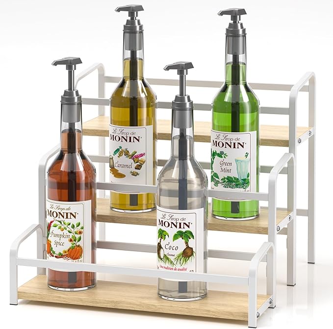 Coffee Syrup Organizer 3-Tier, 12 Bottles Capacity Coffee Syrup Rack, Syrup Stand for Spice, Wine, Liquor, Bottle, Coffee Bar Station Racks Magnetic, No installation (Light-colored wood, White)