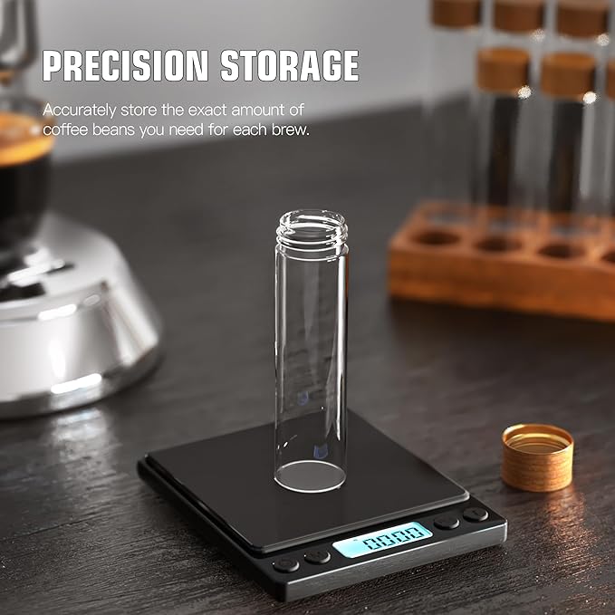 Coffee Bean Cellars with Stand & Hopper, Single Dose Coffee Bean Storage, 12 Pcs Espresso Bean Container with Wooden Holder, Dosing Glass Vials with Lids and Funnel for Coffee, Spices, Tea