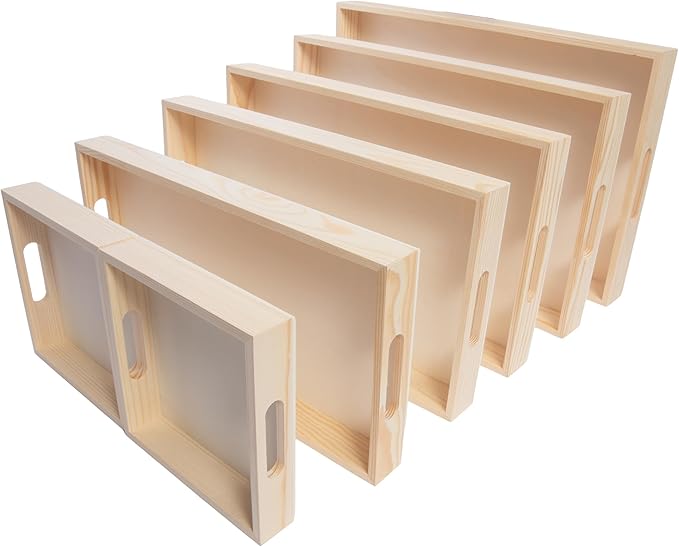 Wooden Nested Serving Trays, Unfinished Rectangle Trays with Cut-Out Handles for Crafts, Ottomans, Serving and Home Décor – Set of 7