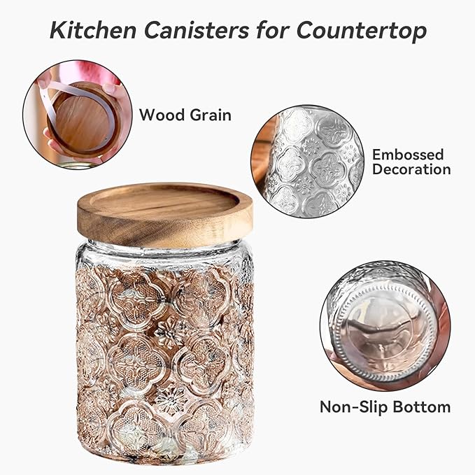 Glass Jar with Lid, Vintage Glass Storage Jars with Airtight Lid Coffee Canister Sugar Container for Kitchen Counter Pantry, Flour, Candy, Tea, Coffee Beans, Oats (Begonia Round*2)