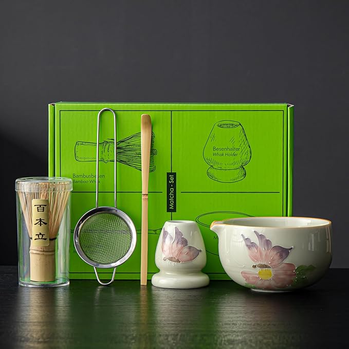 Matcha Set, Matcha Whisk Set Includes Hand-Drawn Matcha Bowl with Spout, Bamboo Whisk, Matcha Whisk Holder, Bamboo Scoop, Sifter - 5pcs Perfect Matcha Kit for Matcha Tea Ceremony