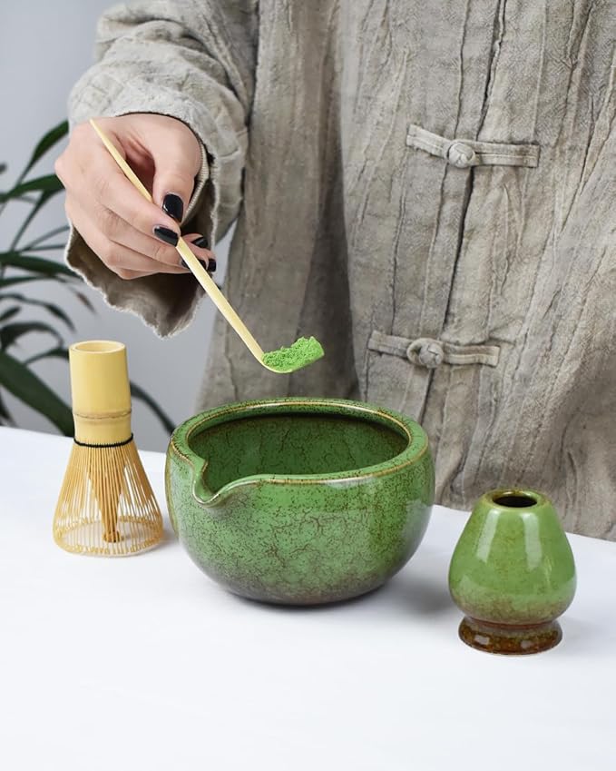 Artcome Matcha Tea Set – 20.2oz Premium Matcha Bowl with Spout, Whisk, Scoop, Whisk Holder & Brewing Guide – Authentic Japanese Tea Ceremony Tools for Perfect Matcha Preparation, Green