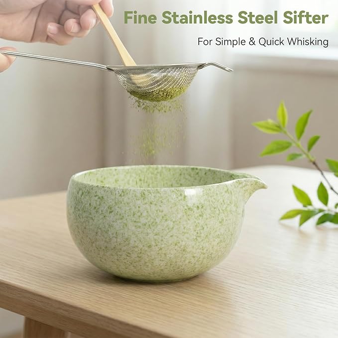 Matcha Whisk Set- 7 Piece Complete Japanes Matcha Set with Ceramic Matcha Bowl (Chawan), Bamboo Whisk (Chasen), Sifter, Whisk Holder, Macha Scoop(Chashaku) & Accessories - Green