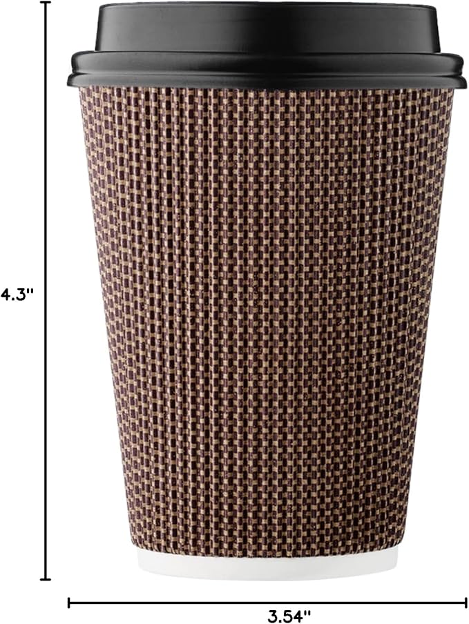 [100 SET]Harvest Pack 12 oz Disposable Coffee Cups, Insulated Ripple Double-Walled Paper Cup with Lids, Brown Geometric, Tea Hot Chocolate Drinks To go coffee cups