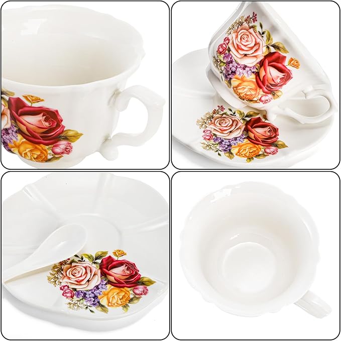 Tea Cups and Saucers Set of 6, 8 OZ Vintage Ceramic Teacups with Spoon, Floral Rose British Coffee Mug, Elegant Bone China Cup Gift Set for Cappuccino, Espresso, Latte, Afternoon Tea Party