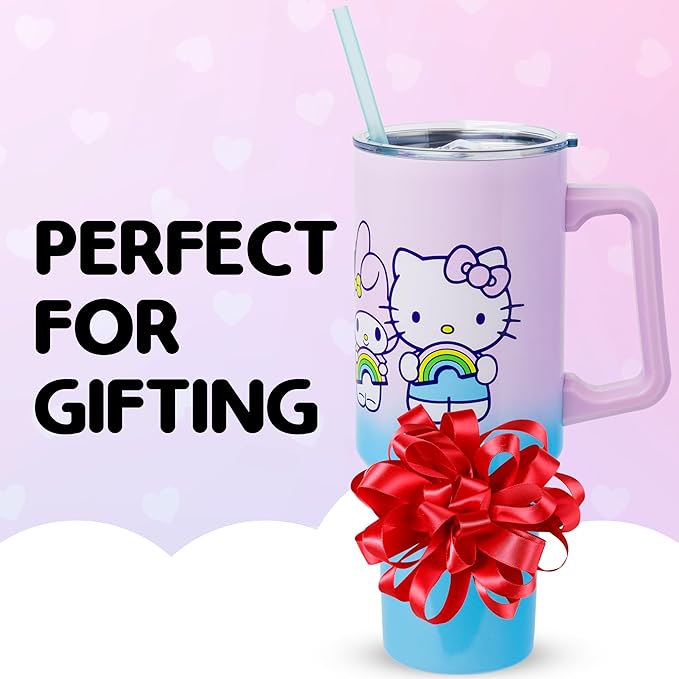Silver Buffalo Sanrio Hello Kitty and Friends Featuring My Melody, Kuromi, Pompompurin Rainbow Ombre Double Walled Stainless Steel Tumbler with Handle and Straw, Fits in Standard Cup Holder, 40 Ounces