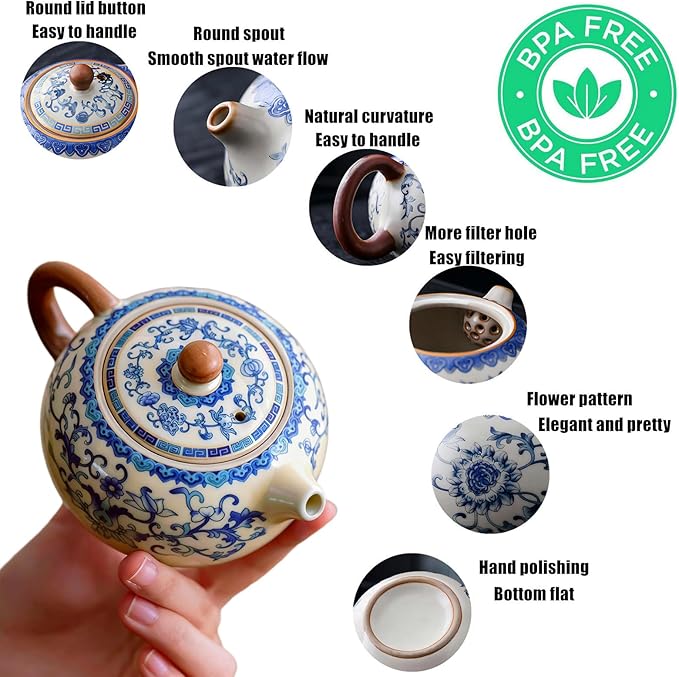 Floral Tea Pot & Tea Cup Set, Classic Blue and White Porcelain, Ice Crack Glaze, Chinese Kungfu Teapot and Teacups Set, Gift Box Packaging