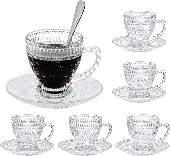 Glass Teacups and Saucers Set of 6, Vintage Coffee Mugs with Stainless Steel Spoon, Dishwasher & Microwave Safe Teacups for Espresso Cappuccino Latte Tea Juice, 7OZ/210ML, Clear