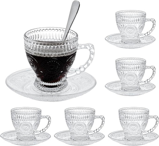 Glass Teacups and Saucers Set of 6, Vintage Coffee Mugs with Stainless Steel Spoon, Dishwasher & Microwave Safe Teacups for Espresso Cappuccino Latte Tea Juice, 7OZ/210ML, Clear