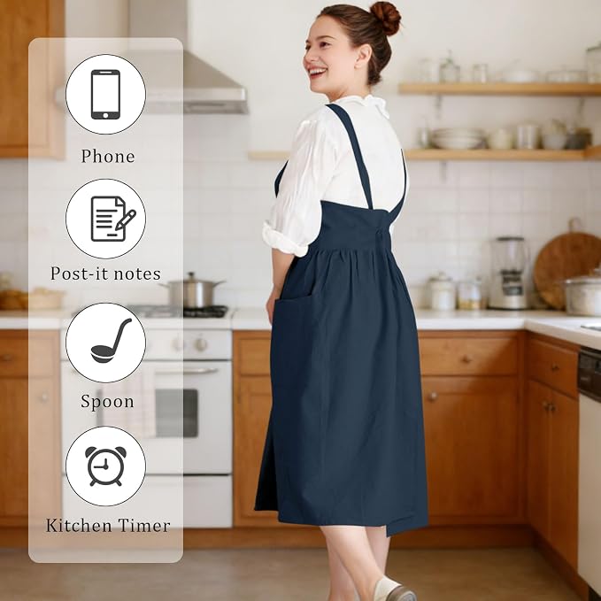 Cotton Linen Cross Back pinafore Apron Dress for Women with Pockets for Cooking Cleaning - Crossback Apron - Blue - without Waist Ties - Image 5