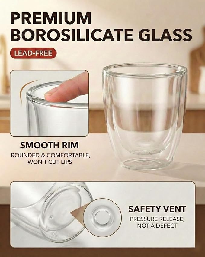 5oz Double Walled Espresso Cups, Set of 4 - Insulated Glass Coffee Mugs for Lungo, Double Espresso & Cappuccino - Clear Borosilicate Glassware Compatible with Nespresso & De'Longhi Machine