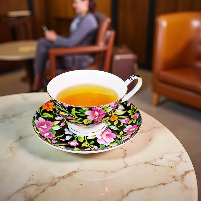 Tea cup and Saucer Set Royal Garden Style Tea Coffee Cup with Saucer 7 Ounces Bone China Teacup and saucer Set(Black)