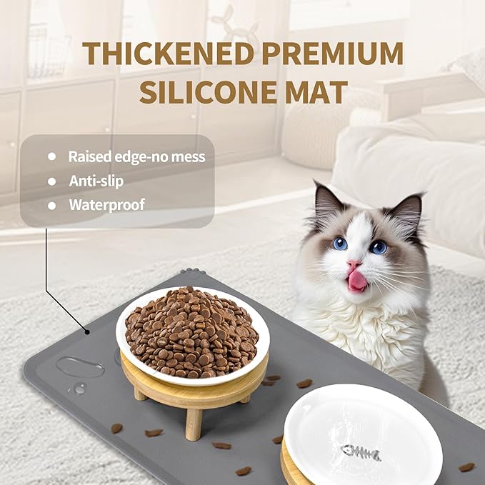 Upgraded Elevated Cat Bowls with Food Mat, Raised Ceramic Cat Dishes with Bamboo Stand, Shallow Wide Pet Feeding Bowls Whisker-Friendly for Food and Water, (Ceramic,Set of 2)