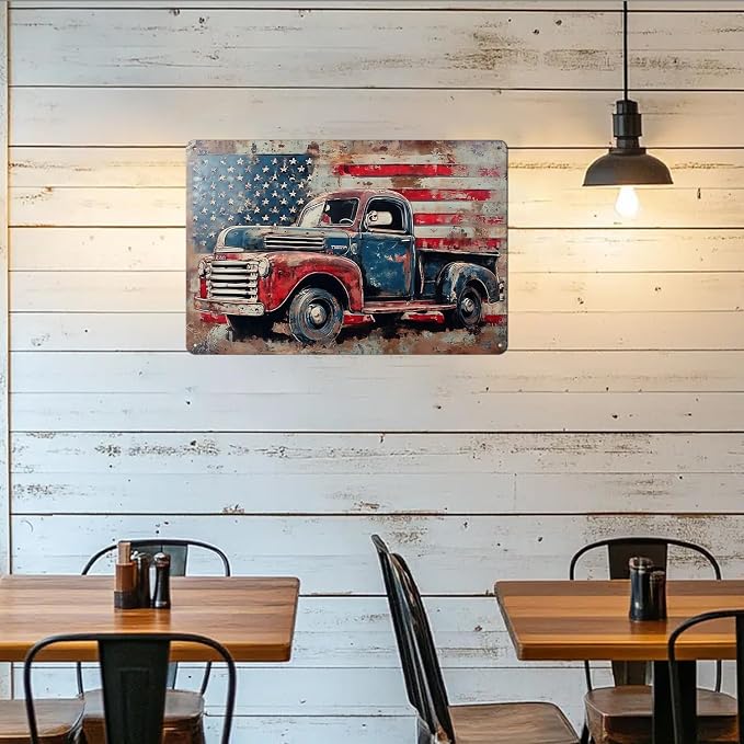 Vintage American Flag Sings Truck Metal Sign Print Aesthetic Room Decoration for Home Bedroom Kitchen Bar Dorm Bathroom Wall Decor 8 x 12 in - Image 3