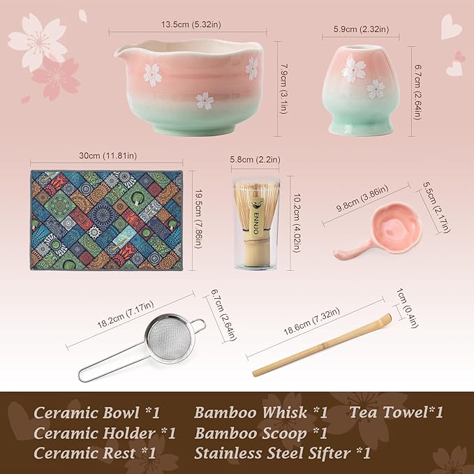 Cherry Blossom Matcha Whisk Set, 7 Pcs Matcha Kit with Ceramic Matcha Bowl with Spout, Bamboo Matcha Whisk And Scoop, Stainless Steel Sifter, Ceramic Holder, Rest And Tea Towel