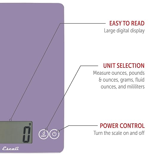 Escali Arti Glass Food Scale Digital Countertop Kitchen, Baking and Cooking Scale with Large Display, 15-Pound Capacity, 9" x 6.5" x .75", Classic Violet