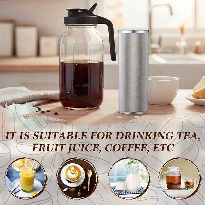Cold Brew Coffee Filter with Brush Tea Infuser Strainer for 1 Gallon/128 oz Wide Mouth Mason Jar 304 Stainless Steel Food Grade with Sealing Ring for Iced Drink Fruit Tea Coffee Maker