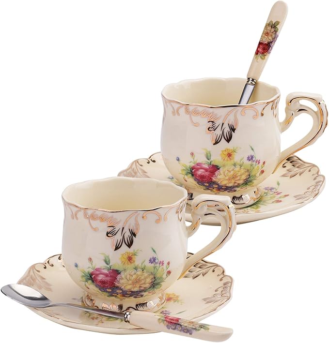 Foraineam Set of 2 Tea Cup and Saucer, 8 oz. Flowering Shrubs Ivory Ceramic Coffee Cup Fancy Floral Porcelain Tea Cup Set with Saucer and Spoon
