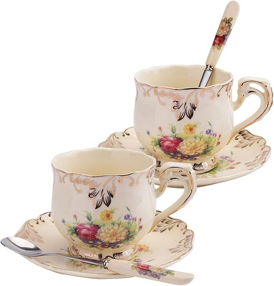 Foraineam Set of 2 Tea Cup and Saucer, 8 oz. Flowering Shrubs Ivory Ceramic Coffee Cup Fancy Floral Porcelain Tea Cup Set with Saucer and Spoon