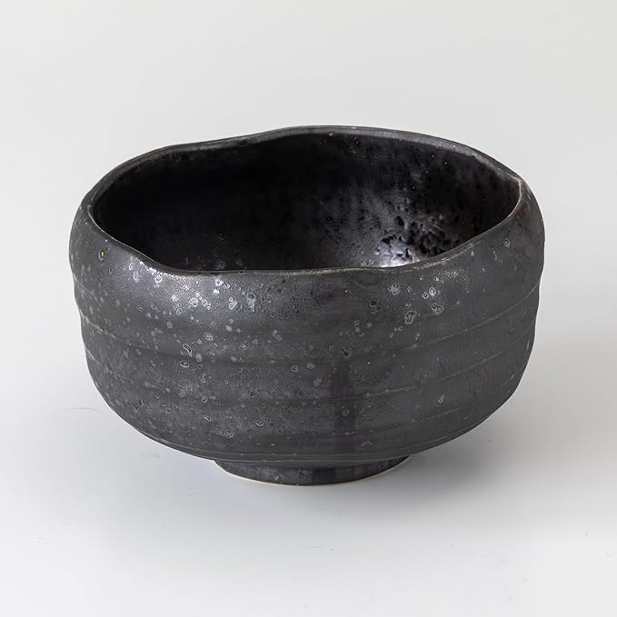 Asayu Japan Kurogane Matcha Bowl - Handmade Gifu Japan Ceramic Chawan, 12.1 cm (4.76″) Diameter x 7.7 cm (3.03″) Height, 395 g - Black with Silver Speckles