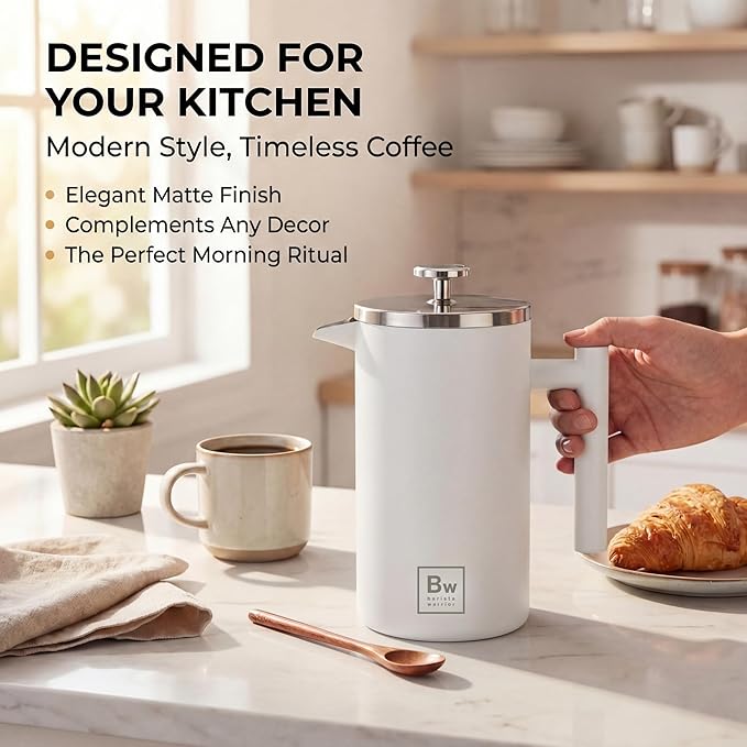 Barista Warrior French Press Coffee Maker Stainless Steel with Built-In Thermometer - Insulated Double Wall Design, Dual Filter System, Stay-Cool Handle & Wood Spoon - White