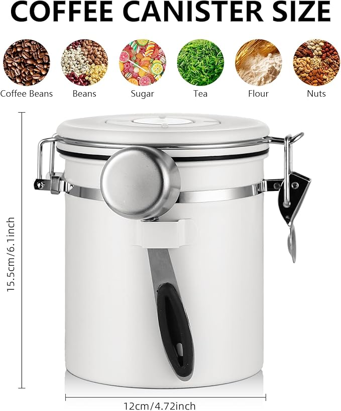 Bincoo Coffee Canister, Airtight Stainless Steel Coffee Bean Storage Container with Date Tracker, Home Kitchen Food Storage Organizers for Grounds,Beans,Espresso,Sugar,Scoop,Bar (1200ML-White)