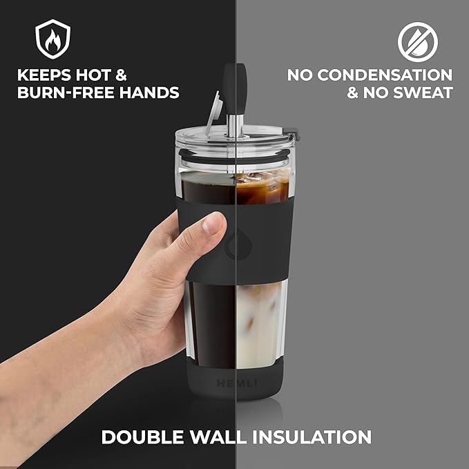 19 oz. Double Wall Glass Coffee Tumbler, To Go Travel Mug with Lid, Portable Glass Thermos with Straw, Reusable Cup, Tea, Smoothies, Ice Coffee, and Boba