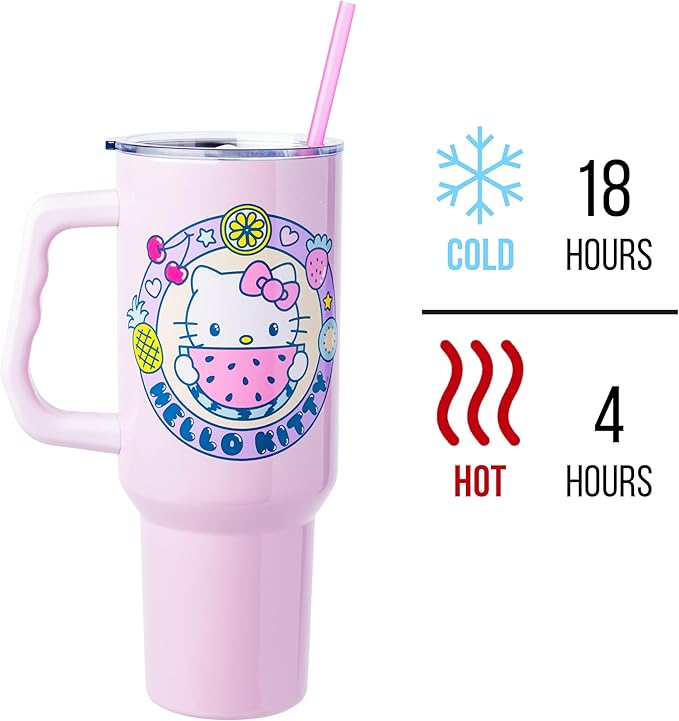 Silver Buffalo Sanrio Hello Kitty Summer Kawaii Fruits Double Walled Stainless Steel Tumbler with Handle, Fits in Standard Cup Holder, 40 Ounces