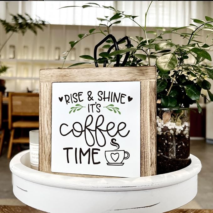 Rise & Shine Coffee Decor Set - Rustic Wooden Table Sign, Farmhouse Style, Coffee Station Decor - Image 4