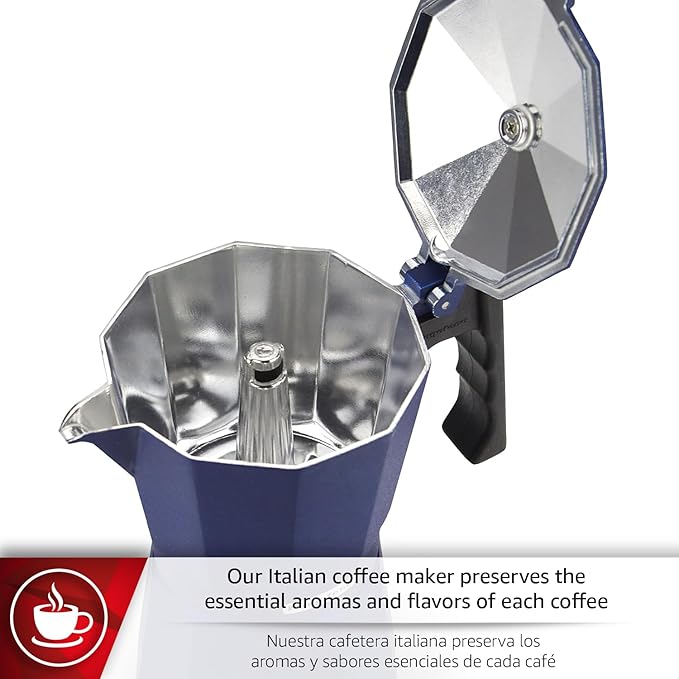 Magefesa Colombia Blue Stovetop Espresso Moka Pot, 6-Cup/10 oz, Italian Coffee Maker for Cuban Coffee, Extra-Thick Aluminum, Heat-Resistant Handle, Safe & Easy-to-Use, Greca Coffee Maker