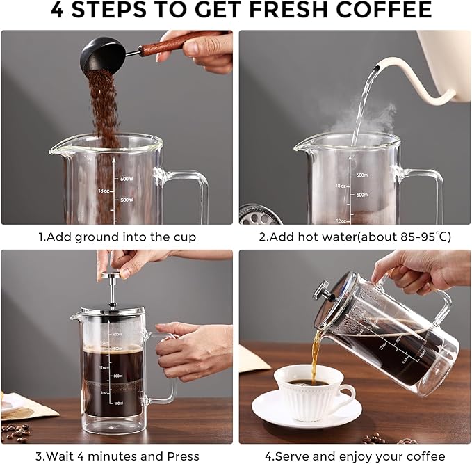 Bincoo French Press Coffee Maker 600ML,Double Wall Insulated Borolicate Glass French Press for Tea and Frothed Milk Press