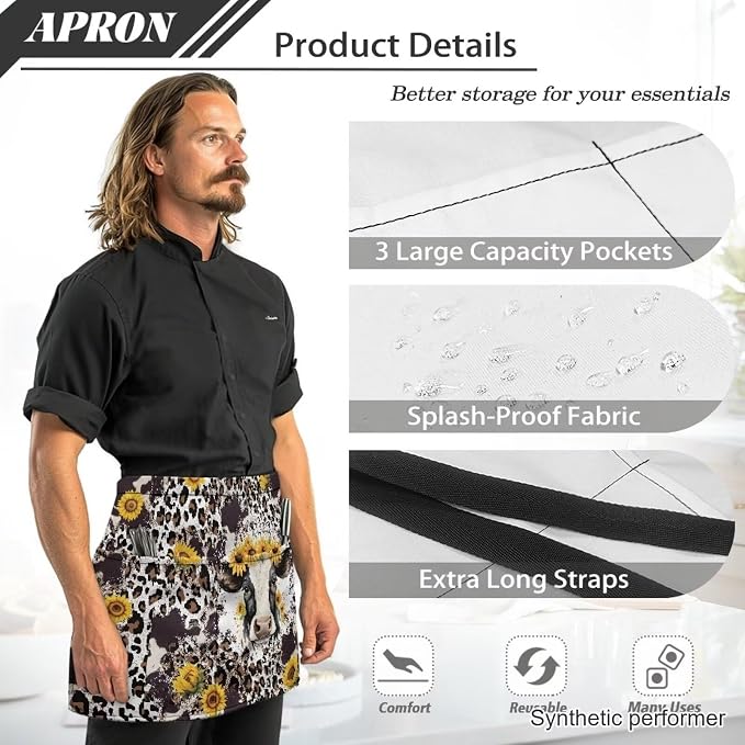 Waist Apron with 3 Pockets Waterproof 13 Inch Short Half Waist Aprons Women Men Server Aprons Waitress Waiter Apron - Image 6