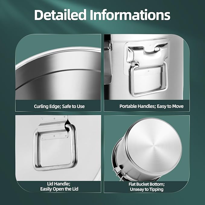 5.5Gal 304 Stainless Steel Airtight Canister with Lid and Locking Clamp, Rice Cereal Grain Canisters Container, Metal Rice Bucket for Kitchen,Dog Food, Bird Seed, Coffee, Cookies Storage(Silver-21L)