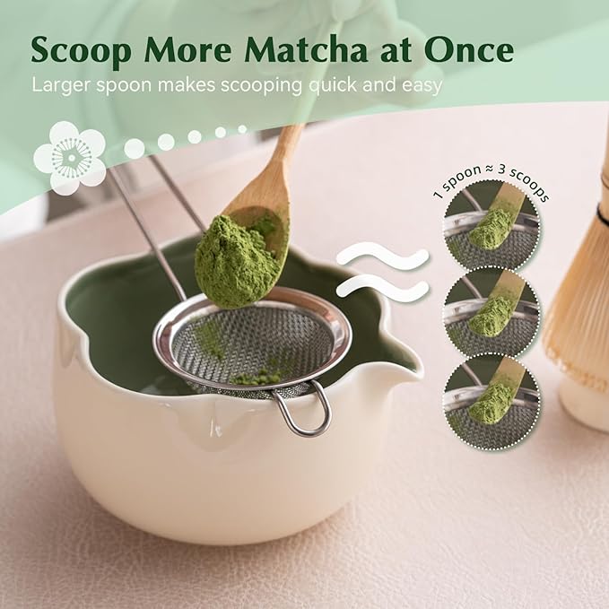Matcha Set, 8Pcs Floral Ceramic Matcha Kit with Matcha Whisk, Holder, Scoop, Scoop Rest, Sifter, Spoon and Tea Towel - Thoughtful Matcha Whisk Set Gift for Matcha Lovers (Beige & Green)