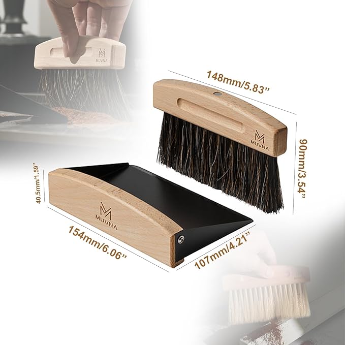 Coffee Brush and Dust Pan Set - Mini Hand Barista Broom, Magnetic Natural Horsehair Espresso Brush, Wood Barista Tools for Cleaning Tamping Station, Coffee Bar, Kitchen, Black