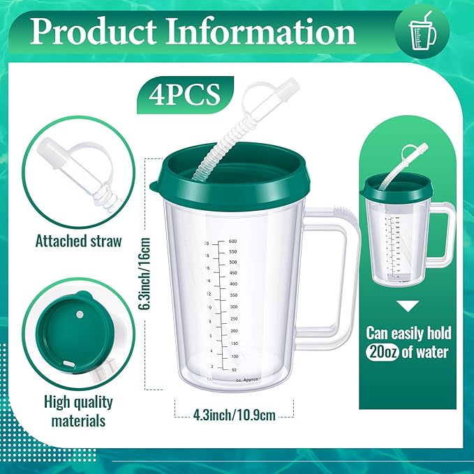 4 Pcs 20 oz Hospital Water Cup with Straw and Lid Insulated Double Walled Elderly Water Bottle Hospital Carafe Mug with Handle Graduated Plastic Drinking Sippy Cup for Adult(Green)
