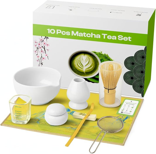 10-Piece Matcha Whisk Set | Complete Matcha Tea Kit with 17oz Ceramic Bowl, Bamboo Whisk & Scoop, Whisk Holder, Stainless Steel Sifter, Measuring Cup, Powder Caddy, Tea Towel | Gift-Ready Matcha Set