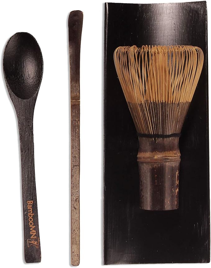 BambooMN Matcha Whisk Set - Chasen (Tea Whisk), Chashaku (Hooked Bamboo Scoop), Tea Spoon - Black