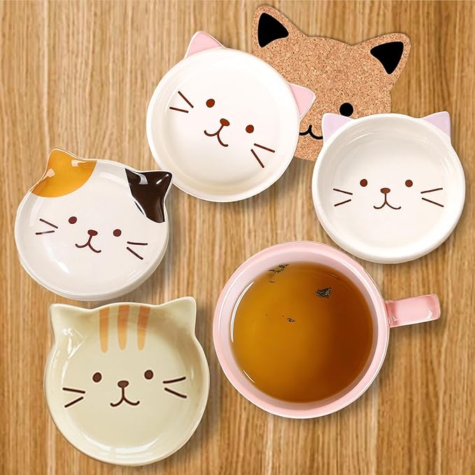 2PCS Cute Mug Kawaii Cat Tea Cup Ceramic Coffee Mug with Lid,Tea Cups and Saucers for Dessert tea mug cute gifts Cat lover Gifts For Women Anime gift for Women Christmas Gifts 10oz (Pink+Brown)