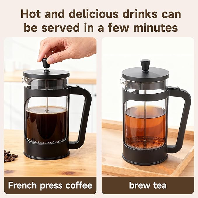 French press, borosilicate glass French press coffee maker, 3 layer stainless steel tea press,34oz large french press, suitable for home, office, kitchen, travel, fashion black
