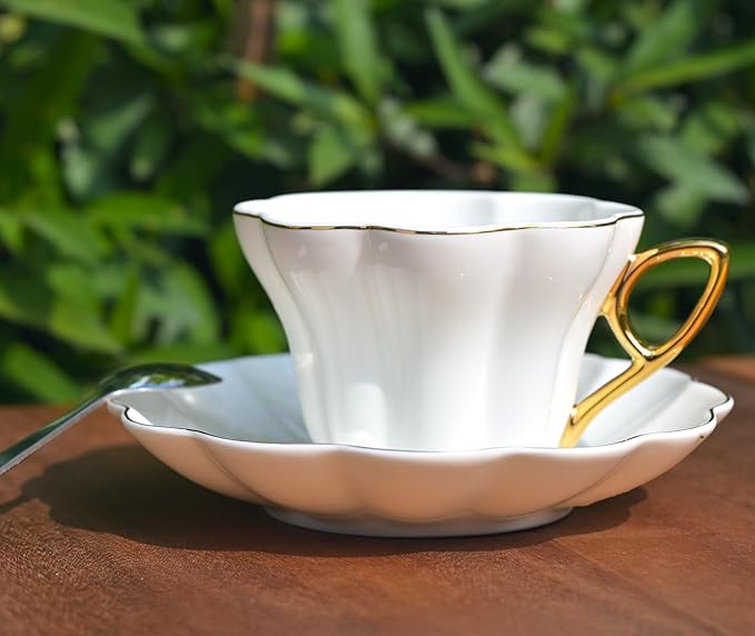 British Coffee Cup 3 Piece Set（6.8oz） Household Fashional Tea Cup with Saucer Spoon (white-B)