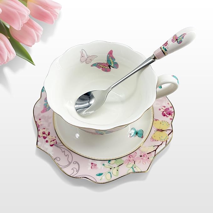 Vintage Ceramic Teacup, Elegant Coffee Cup with Spoon and Saucer Set, Royal Bone China Tea Cups (Pink)