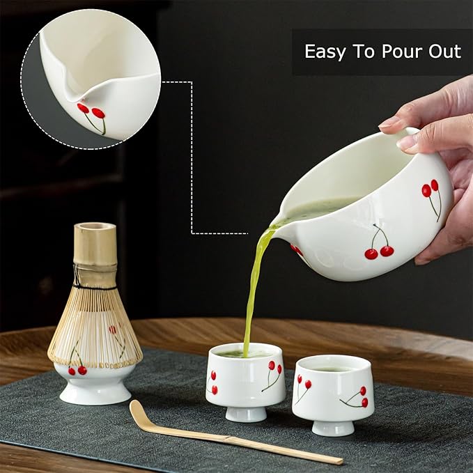 Red Cherries Matcha Whisk Set with Matcha Bowl, Bamboo Whisk, Scoop, and Ceramic Holder, Hand-Painted Cute Matcha Set for Matcha Lovers & Tea Ceremony