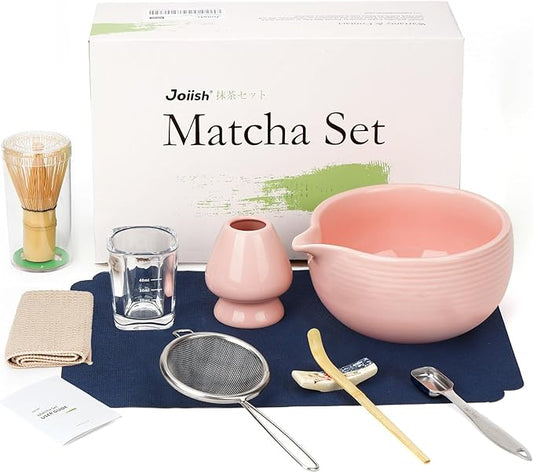 Matcha Whisk Set, Matcha Kit 10-Pcs, Bamboo Whisk and Bowl with Spout & Measuring Spoon & Cup, Japanese Matcha Tea Making Tools, Light Pink