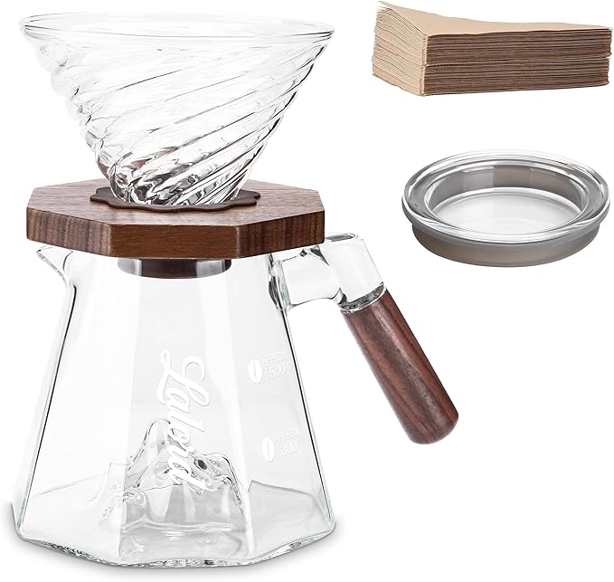 Pour Over Coffee Maker, 20 oz Borosilicate Glass Set with 100 pcs Paper Filter, Walnut Collar & Glass Lid, Drip Coffee Maker, 1-3 Cups, Clear (B-600 ml Set)