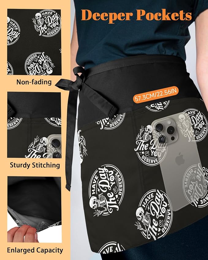 Slohif Reversible Server Apron 6 Pockets - Waist Apron for Waitress Women Half Serving Short Apron for Waiter - Image 5