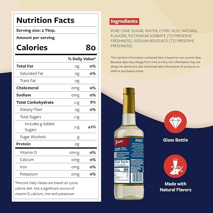 Torani Diamond Anniversary Syrup for Drinks, Bright & Crisp Bubbly Flavoring with Vanilla Notes, Glass Bottle with Pump Included, 25.4 Fl Oz